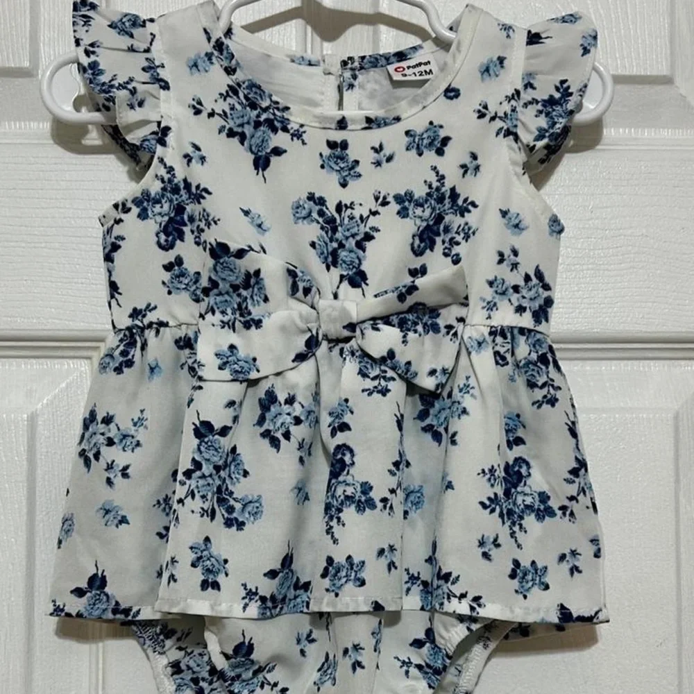 Floral Blue and White Baby Romper